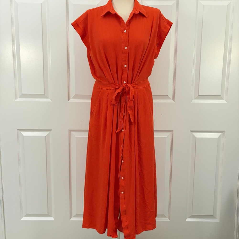 Loft Shirt Dress Orange Linen Blend Button Front Midi Length Women Size 12